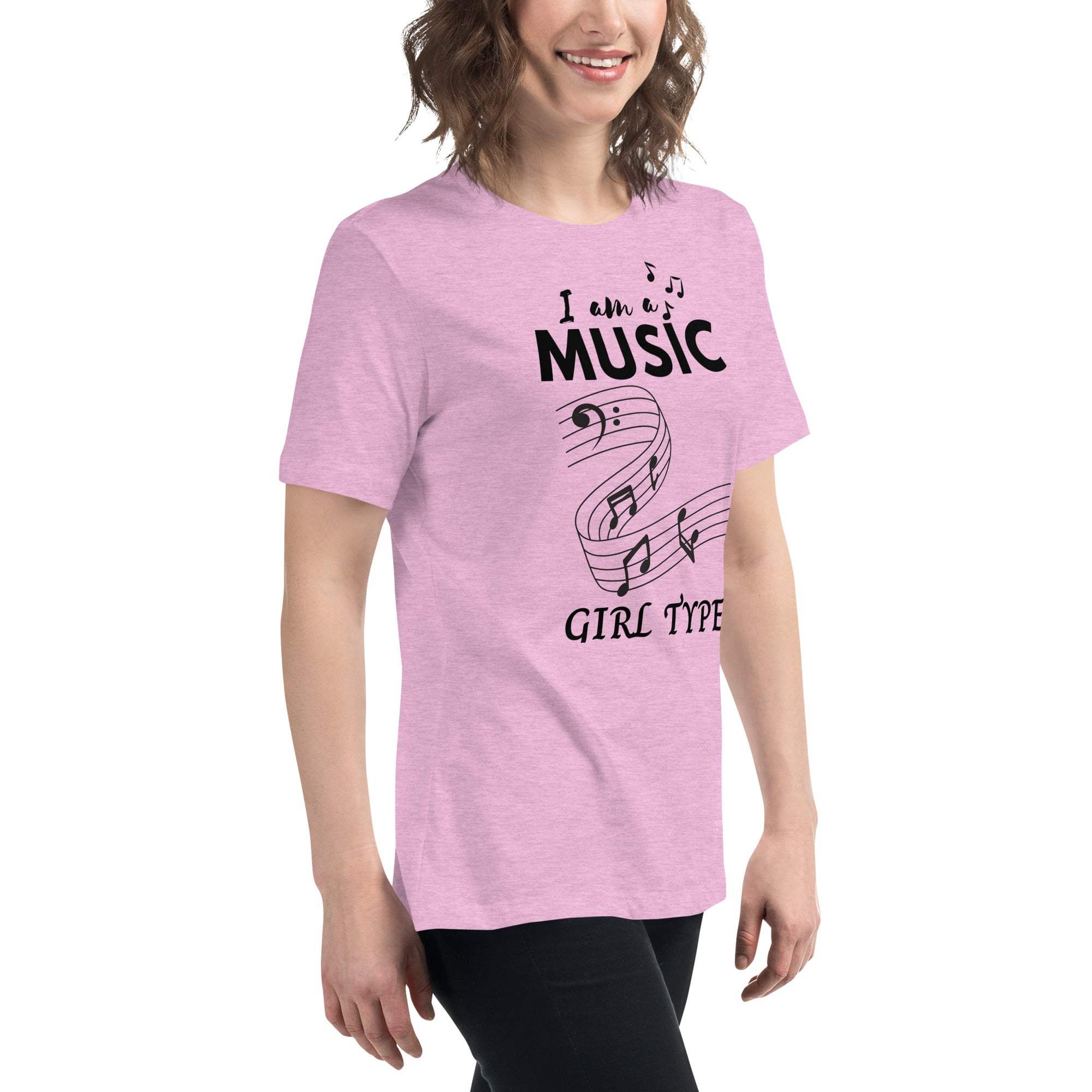 Woman wearing a pink Music Girl T-Shirt with musical notes graphic and text design
