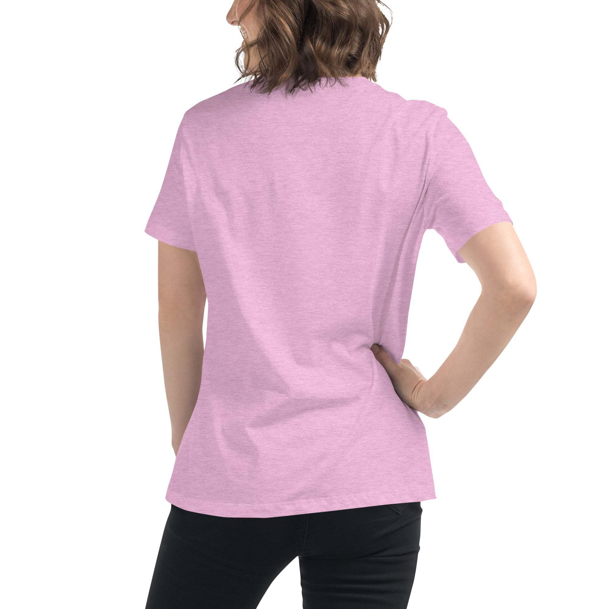 Back view of a woman wearing a soft pink Music Girl T-Shirt, featuring a comfortable unisex fit and casual style.