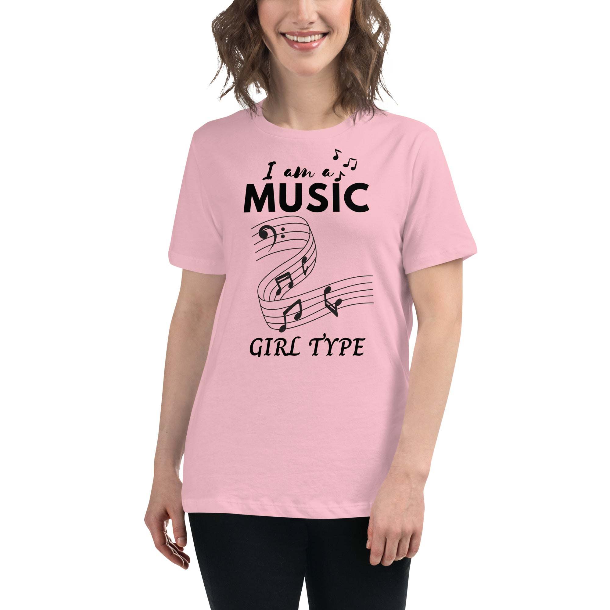 Pink Music Girl T-Shirt with musical notes graphic and "I am a MUSIC GIRL TYPE" text, soft fabric, unisex style.