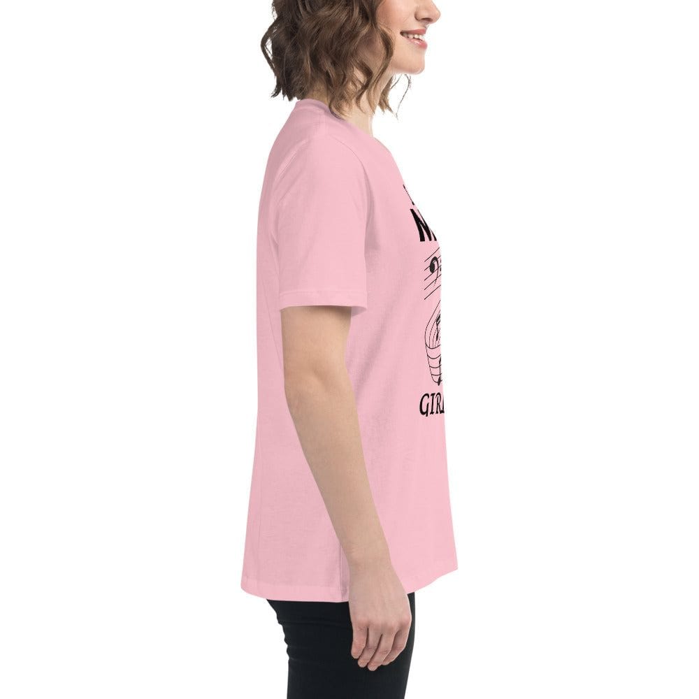 Woman wearing pink Music Girl T-Shirt with musical notes graphic, side view
