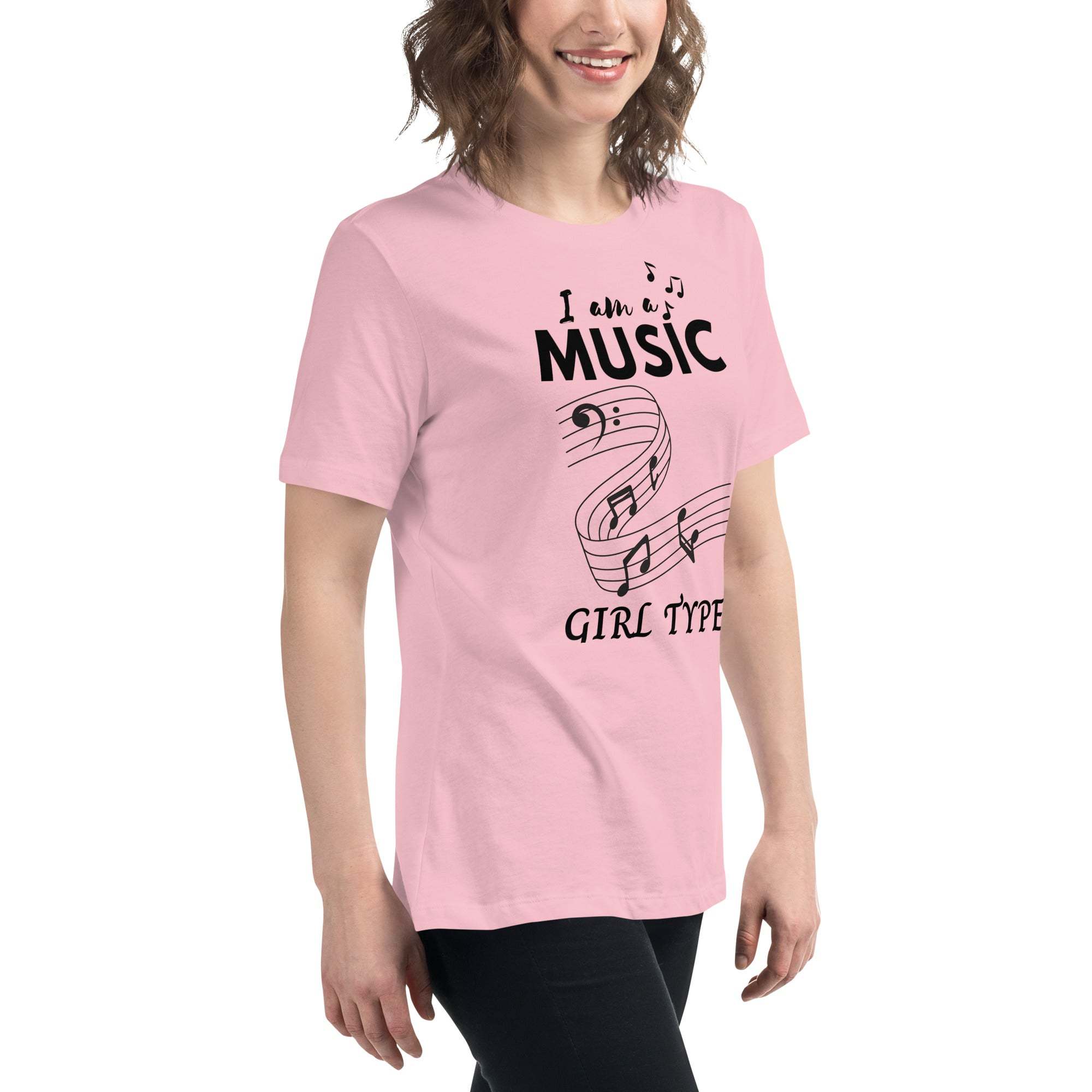 Woman wearing pink Music Girl T-Shirt with musical notes graphic and text design
