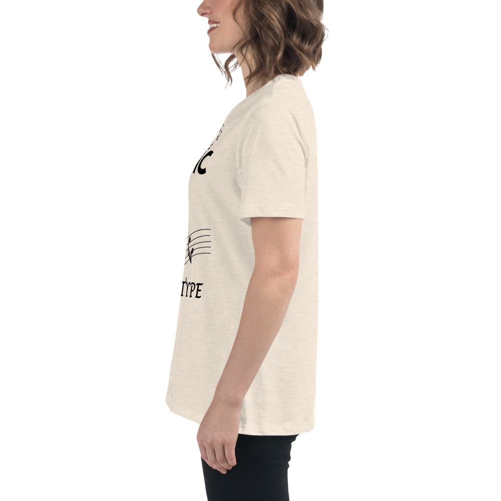 Side view of a woman wearing a beige Music Girl T-Shirt with a playful musical notes graphic design