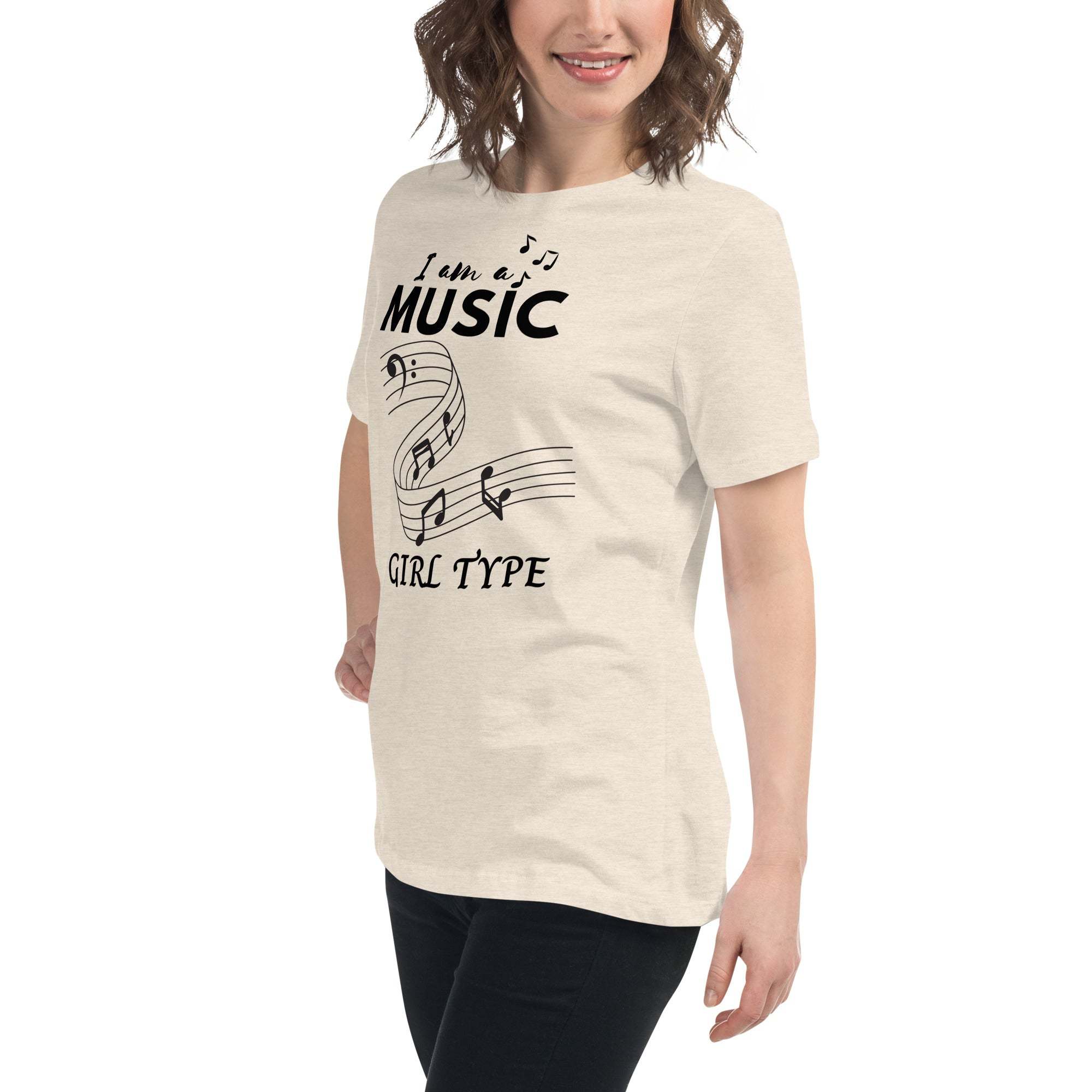 Woman wearing beige Music Girl T-Shirt with musical notes graphic and text "I am a MUSIC GIRL TYPE"