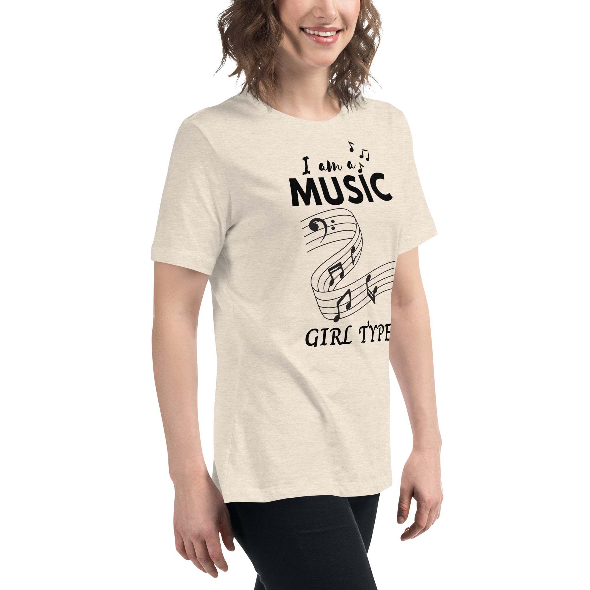 Woman wearing beige Music Girl T-Shirt with musical notes graphic and text design