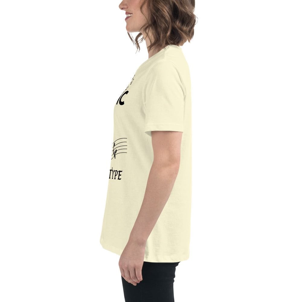 Side view of a woman wearing a cream-colored Music Girl T-Shirt with a musical notes graphic, featuring a comfortable unisex fit.