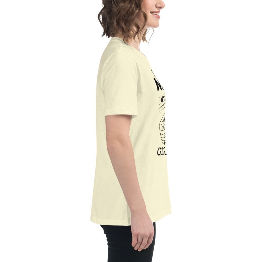 Side view of a woman wearing a light-colored Music Girl T-Shirt with a musical notes graphic design