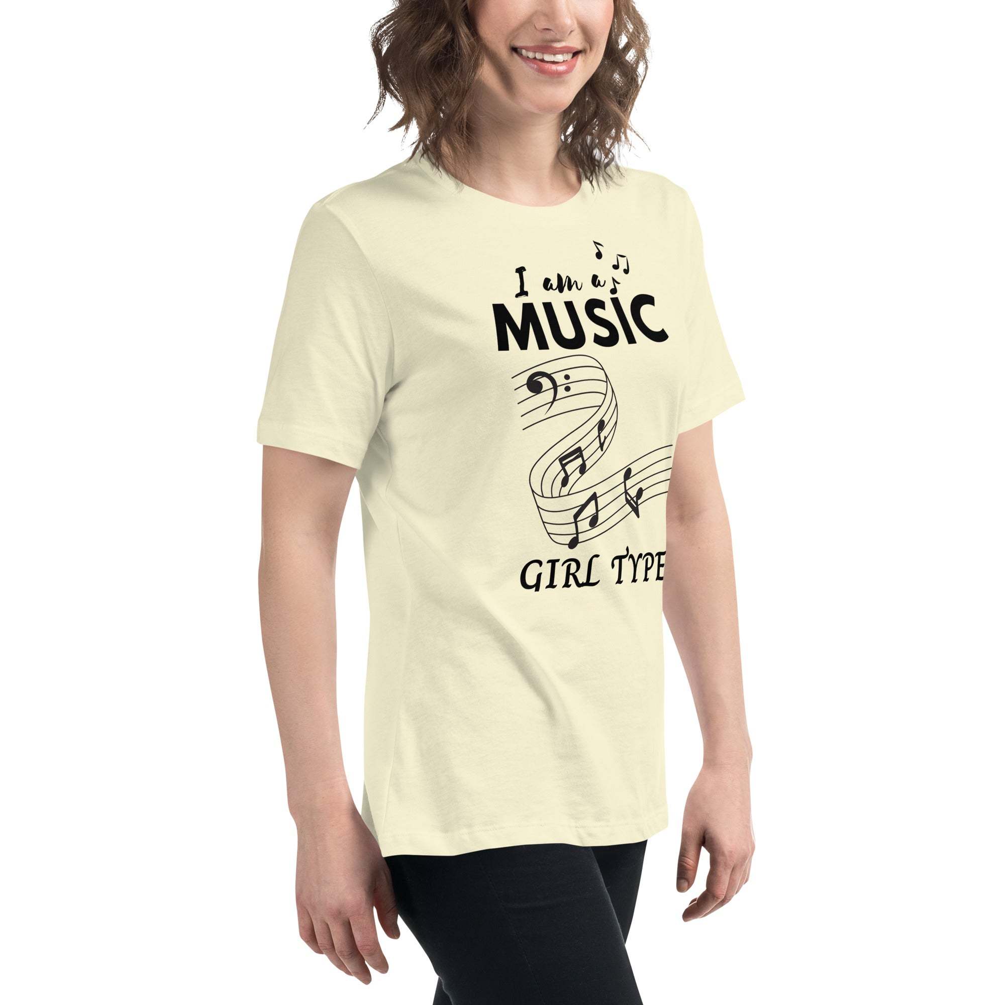 Woman wearing a soft cream Music Girl T-Shirt with musical notes graphic and text design