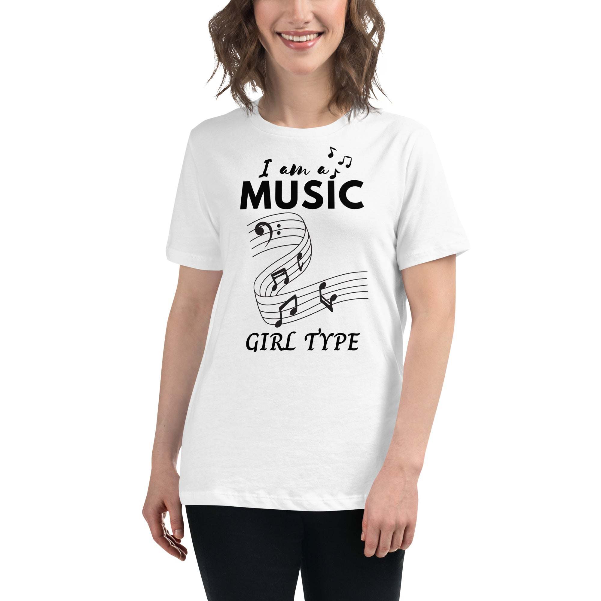 Woman wearing a white Music Girl T-Shirt with musical notes graphic and text design, casual style.