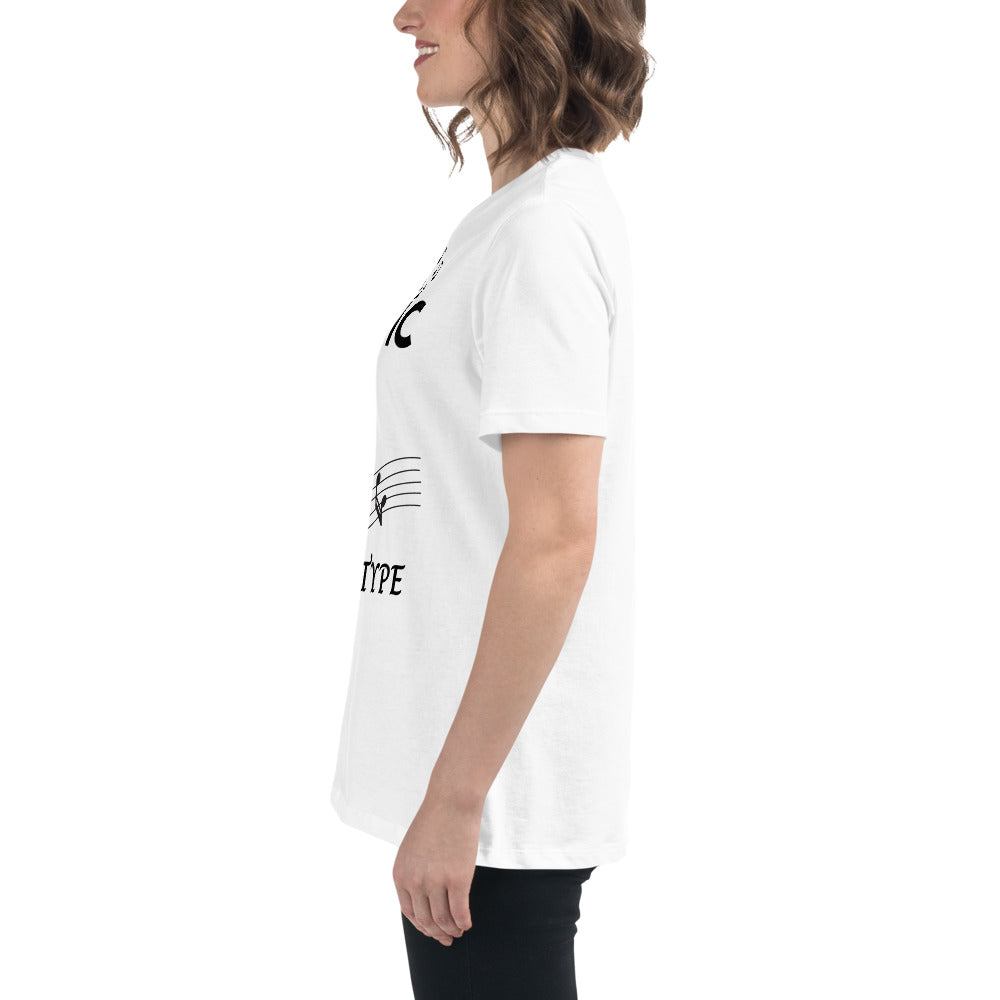 Side view of a woman wearing a white Music Girl T-Shirt with a playful musical notes graphic design