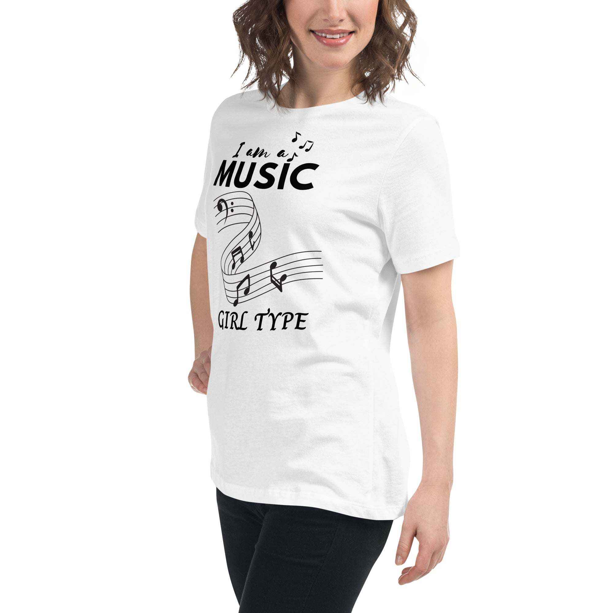 White Music Girl T-Shirt with playful musical notes graphic and text "I am a MUSIC GIRL TYPE" worn by smiling woman