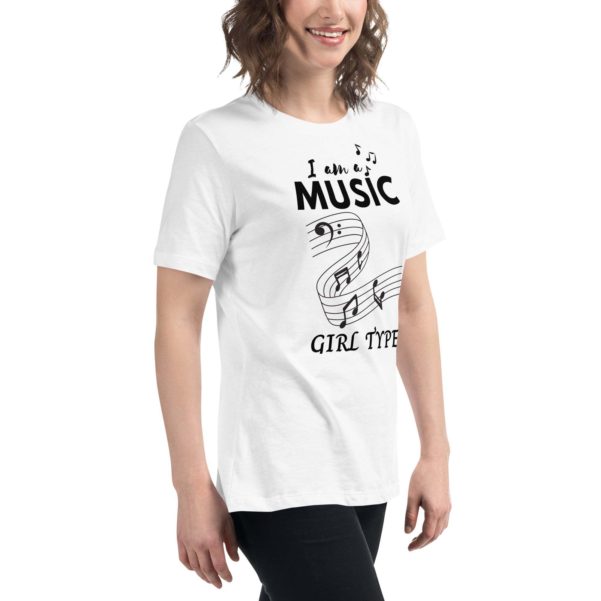 Woman wearing white Music Girl T-Shirt with playful musical notes graphic and slogan design