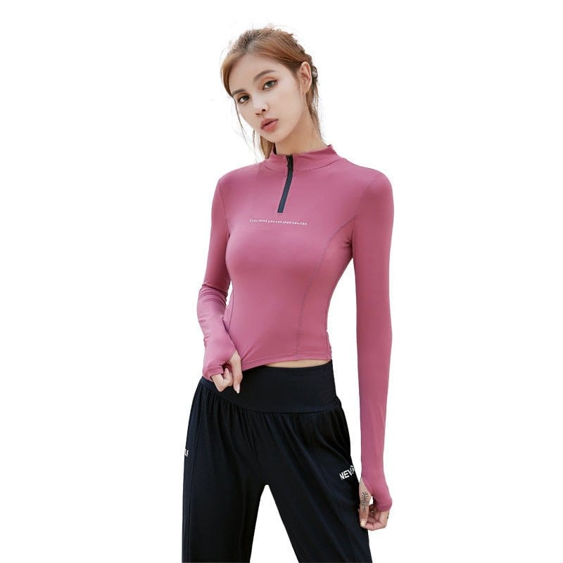 Woman wearing rose red half-zip sports long-sleeved stand-up collar top for fitness and running