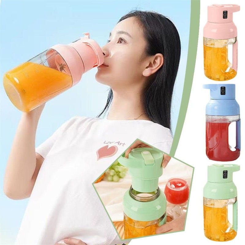 Portable summer electric juicer with 1500ml capacity, USB rechargeable, double handle design, available in pastel pink, blue, and green colors.