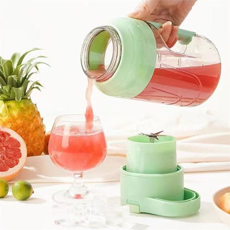 Portable Summer Electric Juicer with 1500ml capacity and USB rechargeable blender pouring pink juice into glass