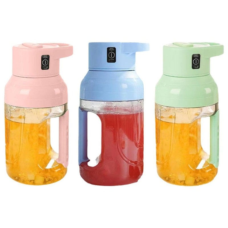 Portable summer electric juicer blender with double handles and 1500ml capacity in pink, blue, and green colors