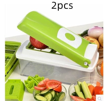2pcs green and white food grate food chopper with vegetable slices and clear container for chopping fruits and vegetables in kitchen