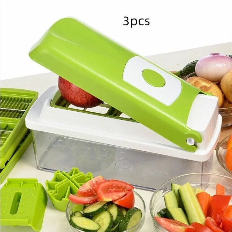12pcs green and white food grate food chopper set with stainless steel blades for slicing and dicing vegetables and fruits in a kitchen setting