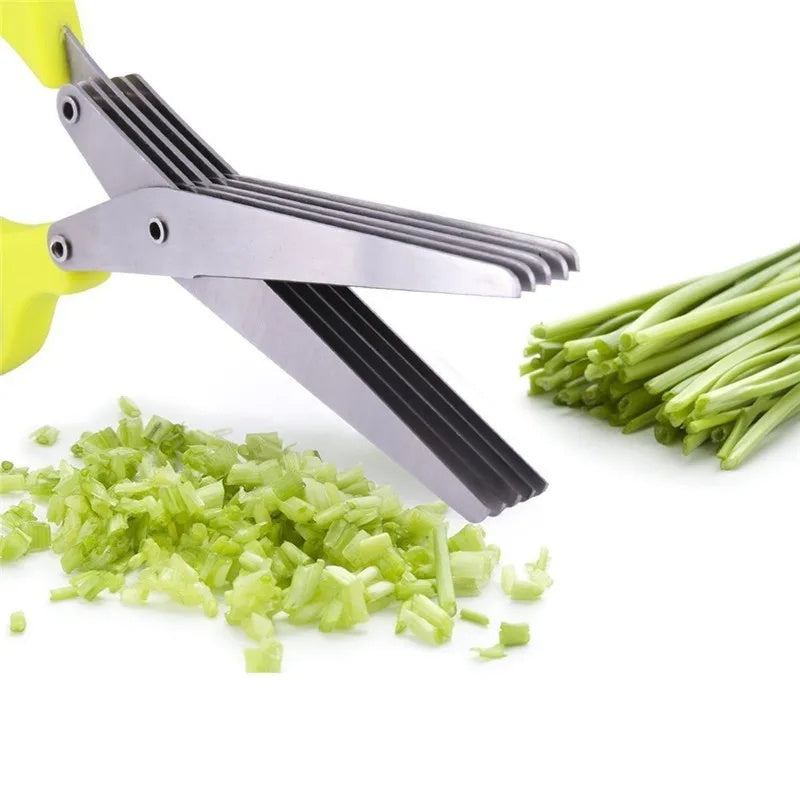 Multifunctional multi-layer green onion scissors cutting fresh green onions with stainless steel blades and yellow handles