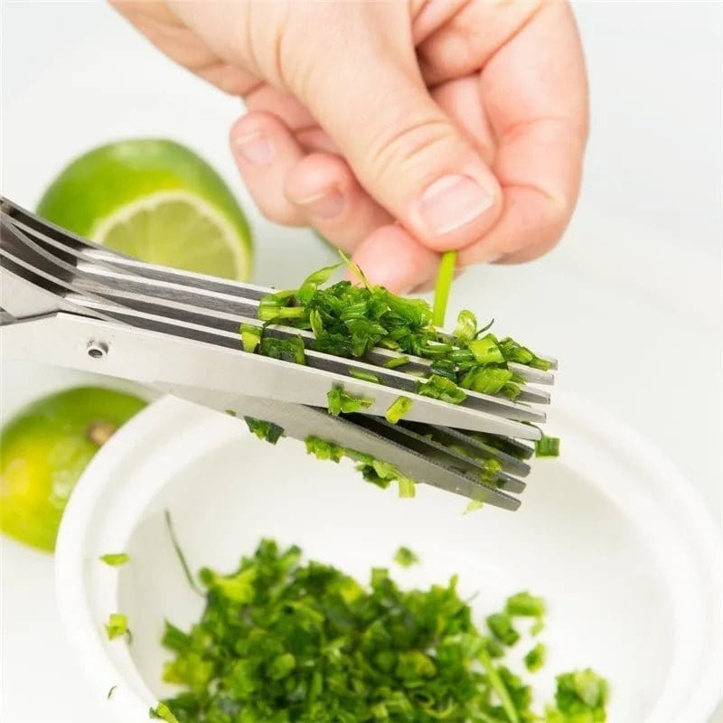 Multifunctional multi-layer stainless steel green onion scissors cutting herbs and spices in kitchen.