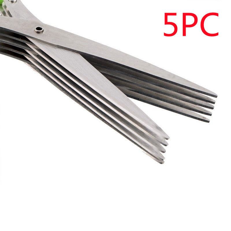 Multifunctional multi-layer stainless steel green onion scissors with five blades for quick herb and spice cutting.