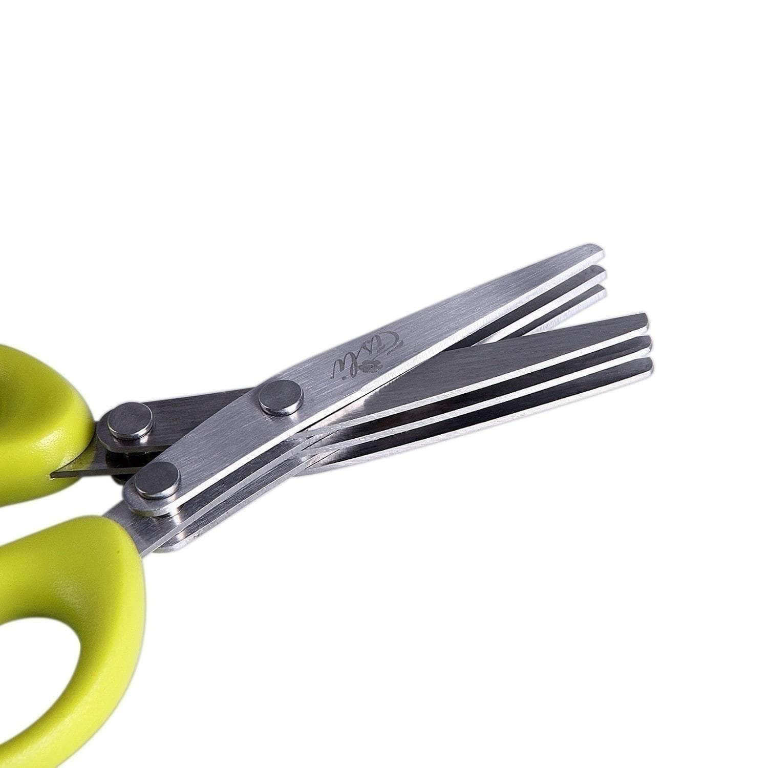 Multifunctional multi-layer green onion scissors with stainless steel blades and green handles for quick herb and spice cutting.