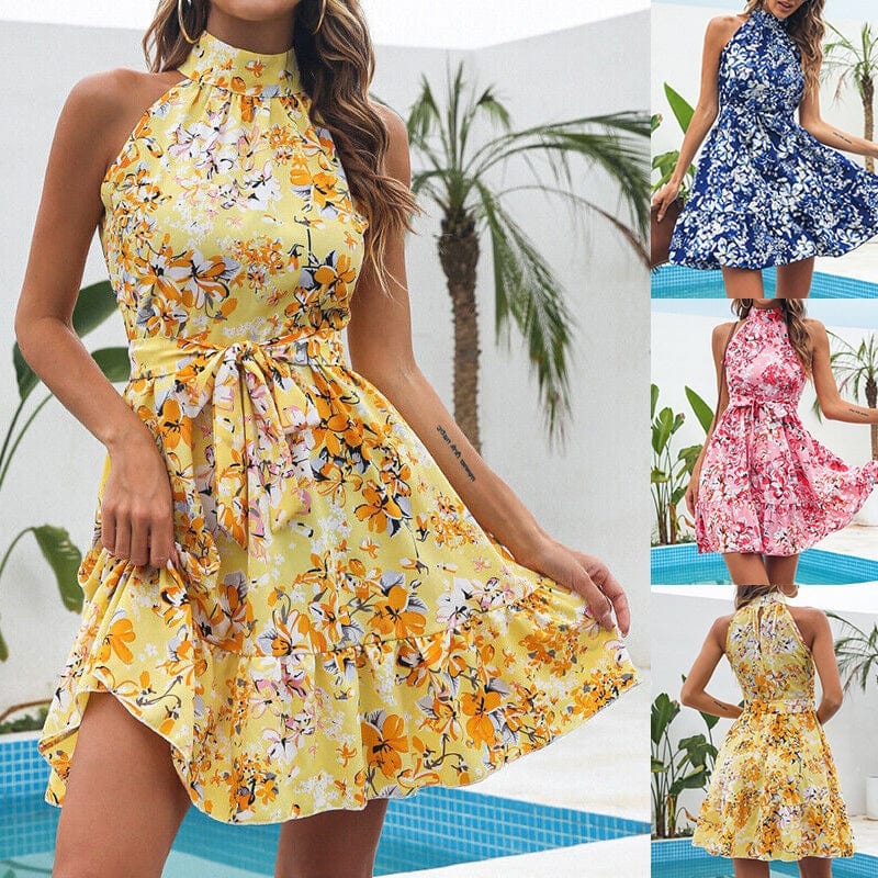 Women’s flowers print halterneck summer dress with lace-up waist and ruffled hem in multiple colors including yellow, blue, pink, and orange