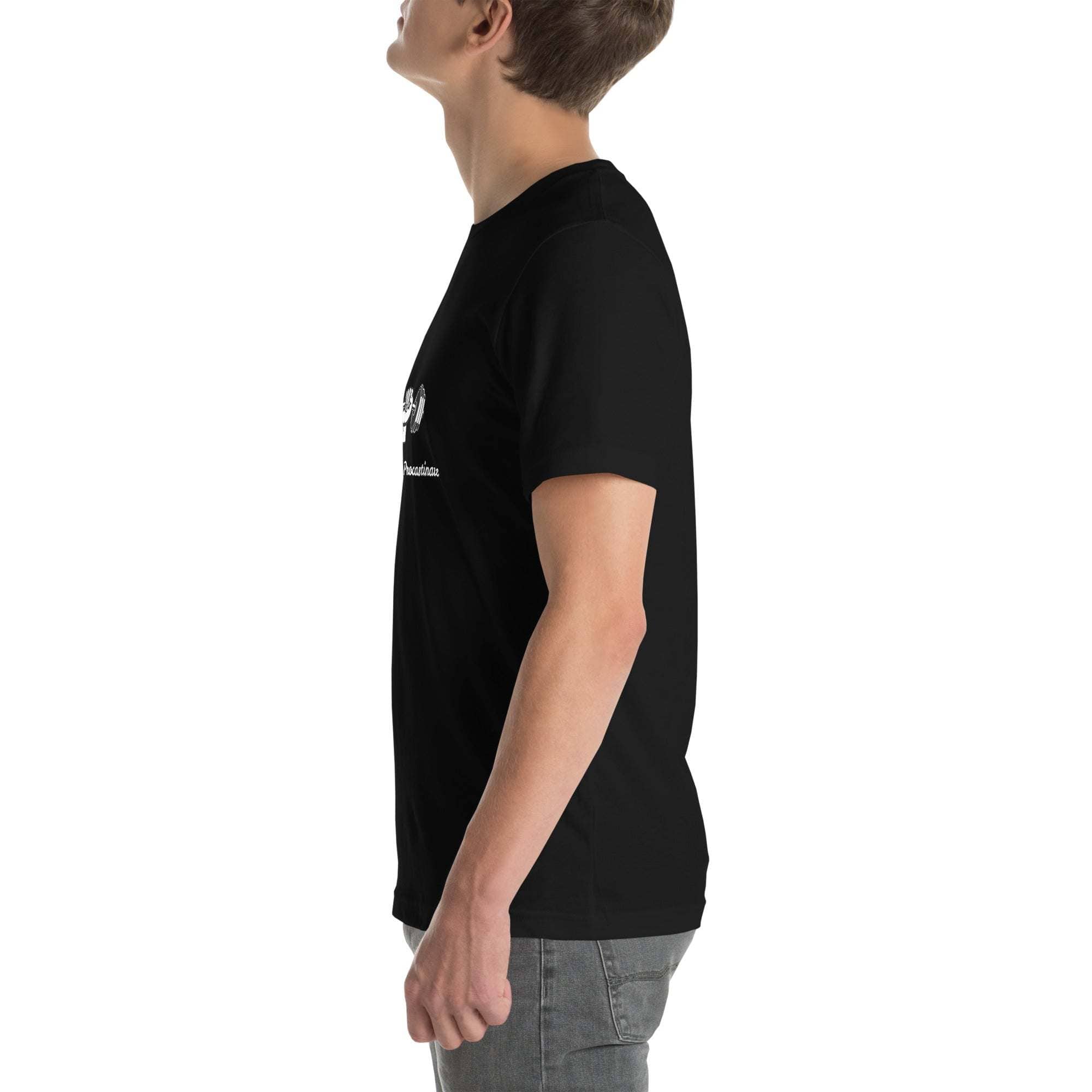 Side view of person wearing a black Progress Not Procrastinate T-Shirt with motivational barbell graphic and text designed for fitness and personal growth