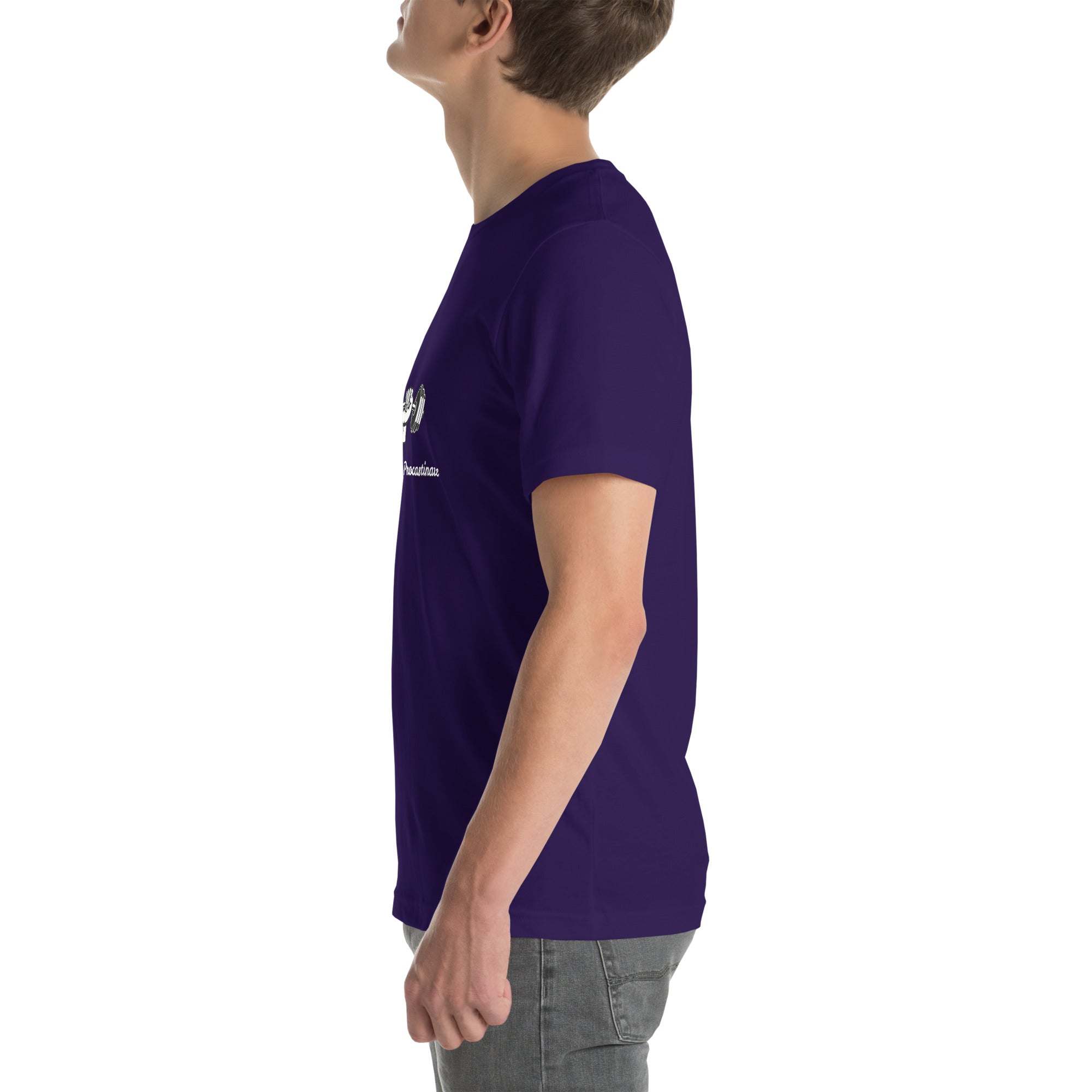 Side view of man wearing purple Progress Not Procrastinate T-Shirt with motivational barbell graphic and quote
