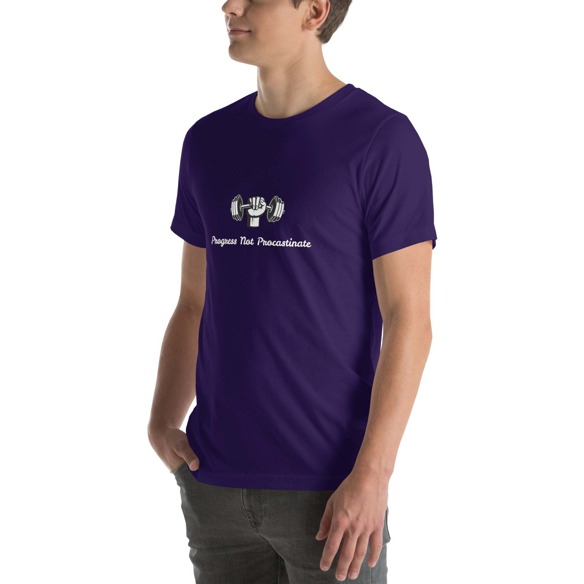 Man wearing purple Progress Not Procrastinate T-Shirt with barbell graphic and motivational text