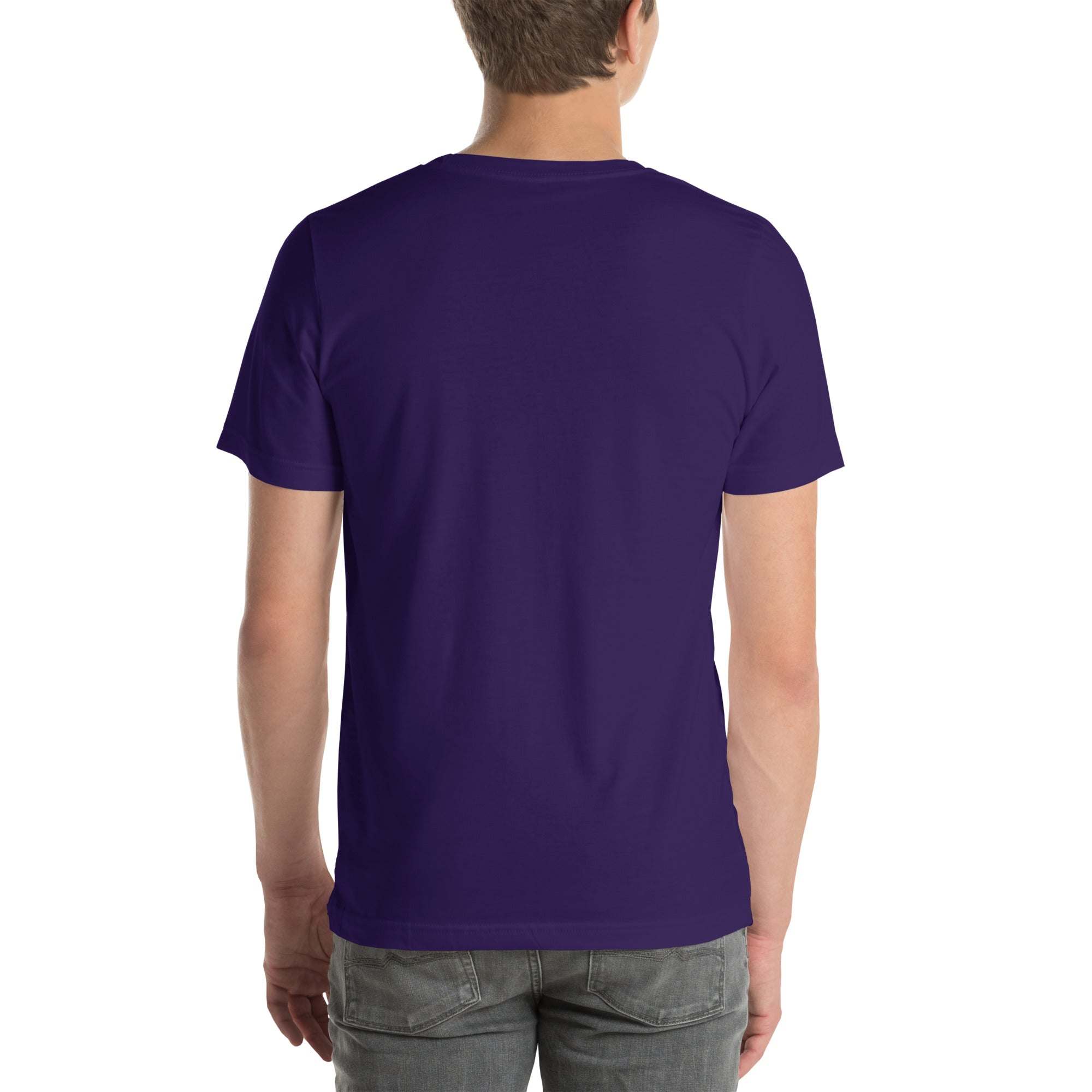 Back view of person wearing purple Progress Not Procrastinate T-Shirt made of soft cotton, unisex fit for fitness and casual wear