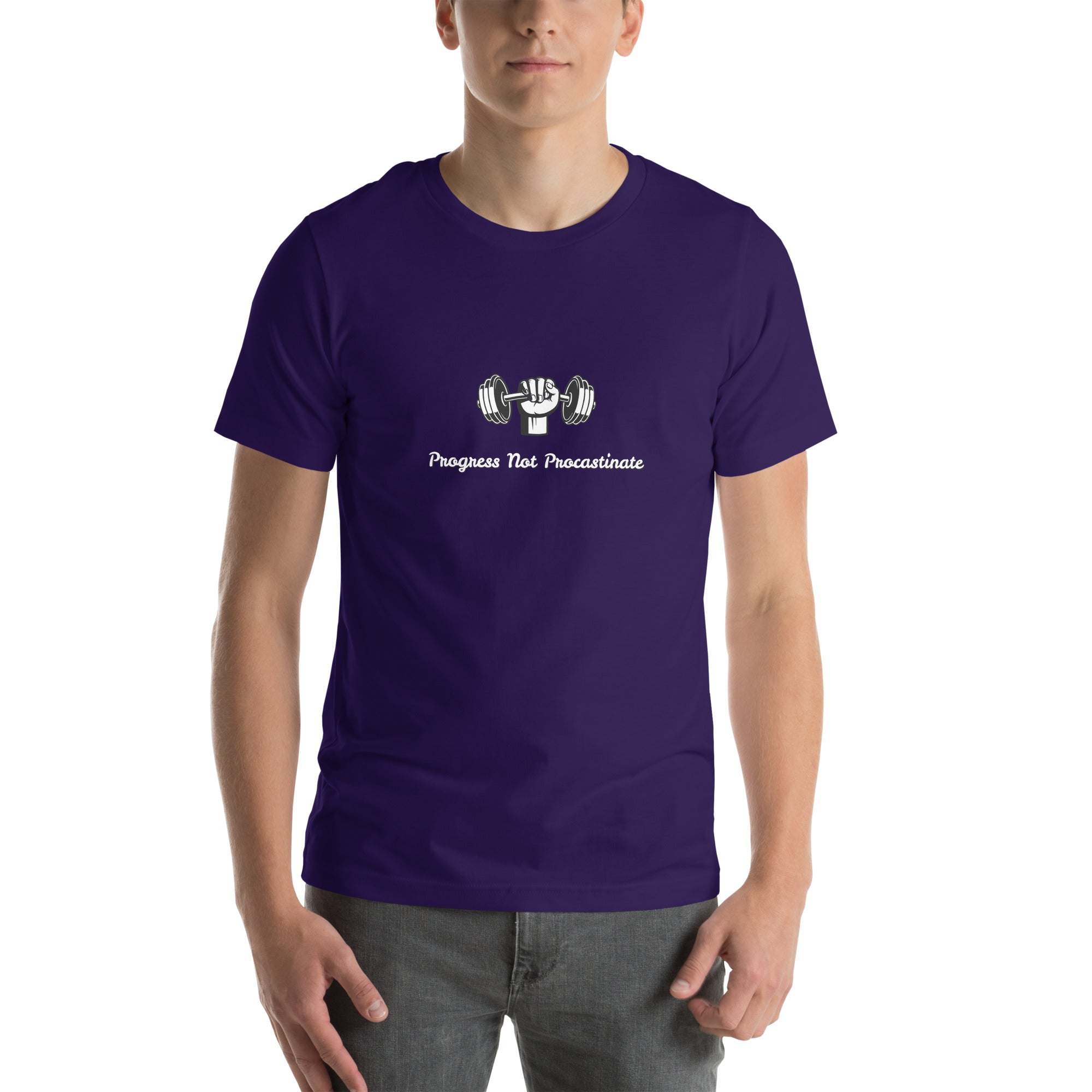 Unisex purple Progress Not Procrastinate T-Shirt with barbell graphic, motivational gym tee in soft breathable cotton