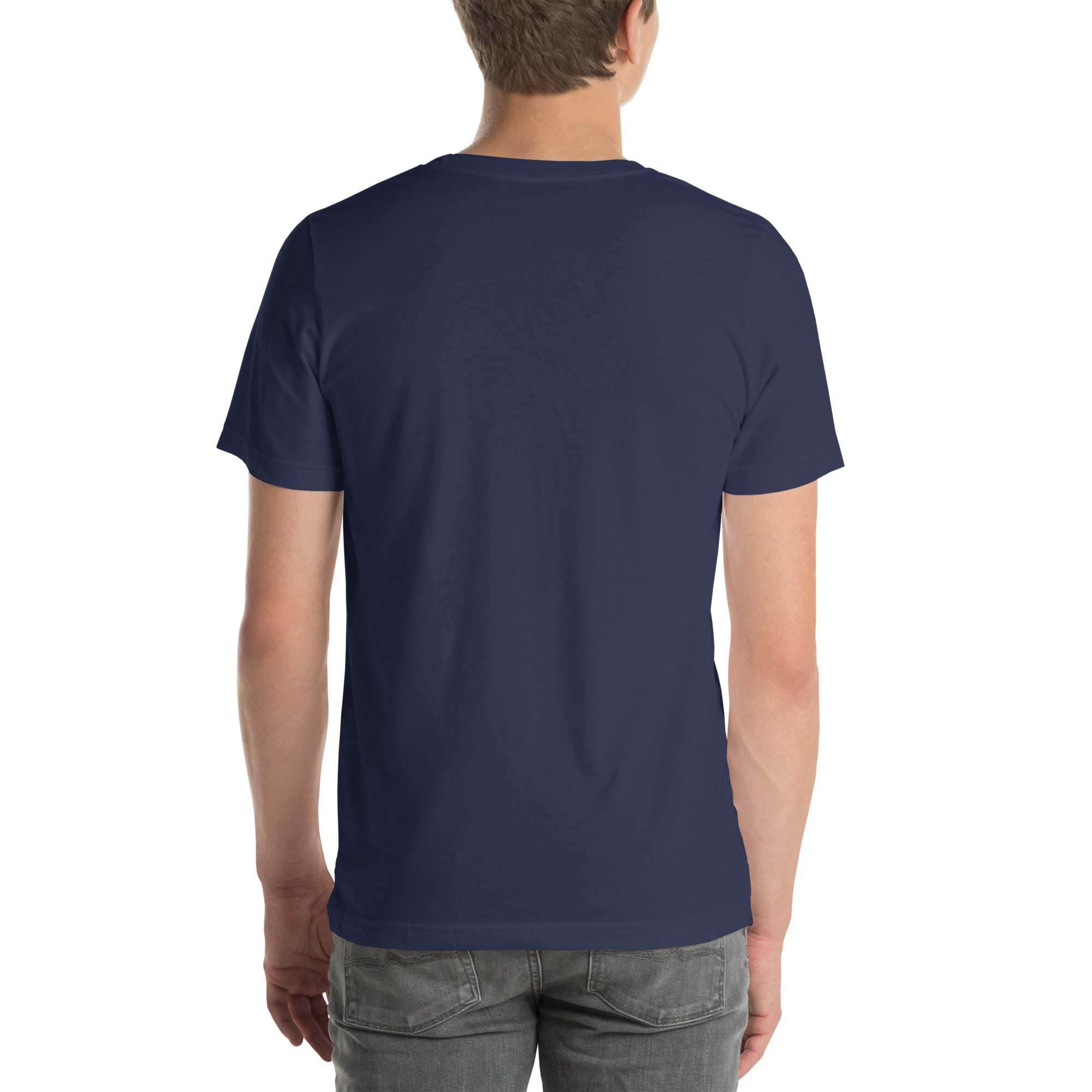 Back view of navy Progress Not Procrastinate T-Shirt worn by man, featuring unisex fit and soft cotton fabric