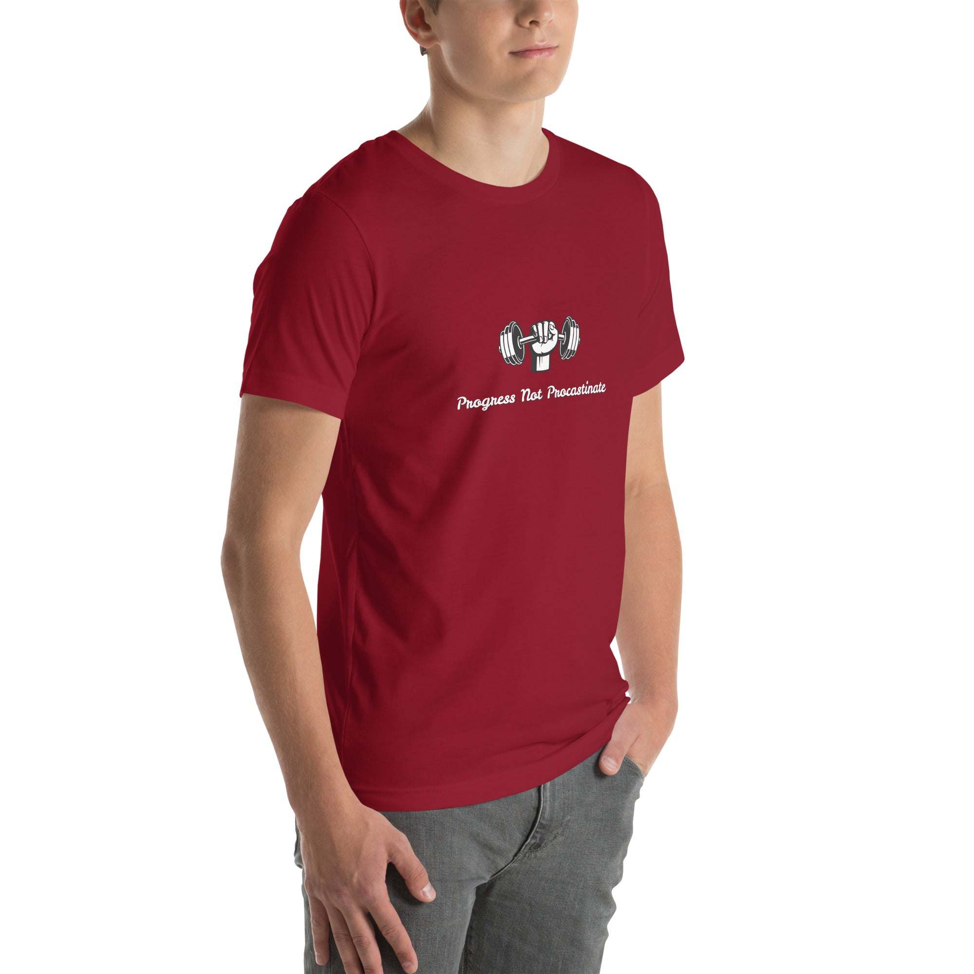Maroon Progress Not Procrastinate T-Shirt with barbell graphic worn by a male model