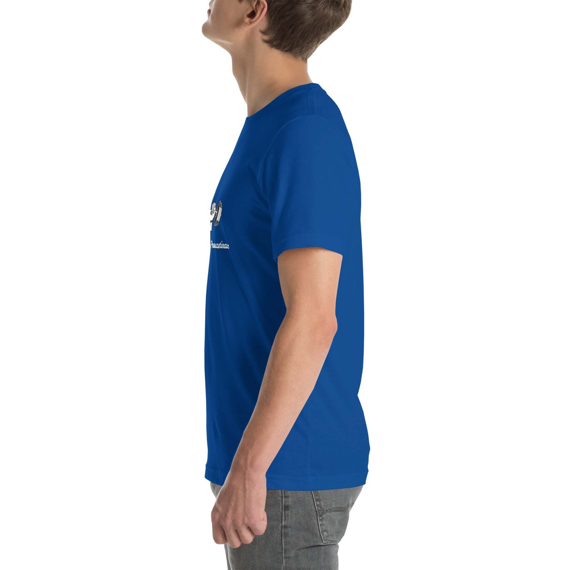 Side view of man wearing blue Progress Not Procrastinate T-Shirt with barbell graphic and motivational quote