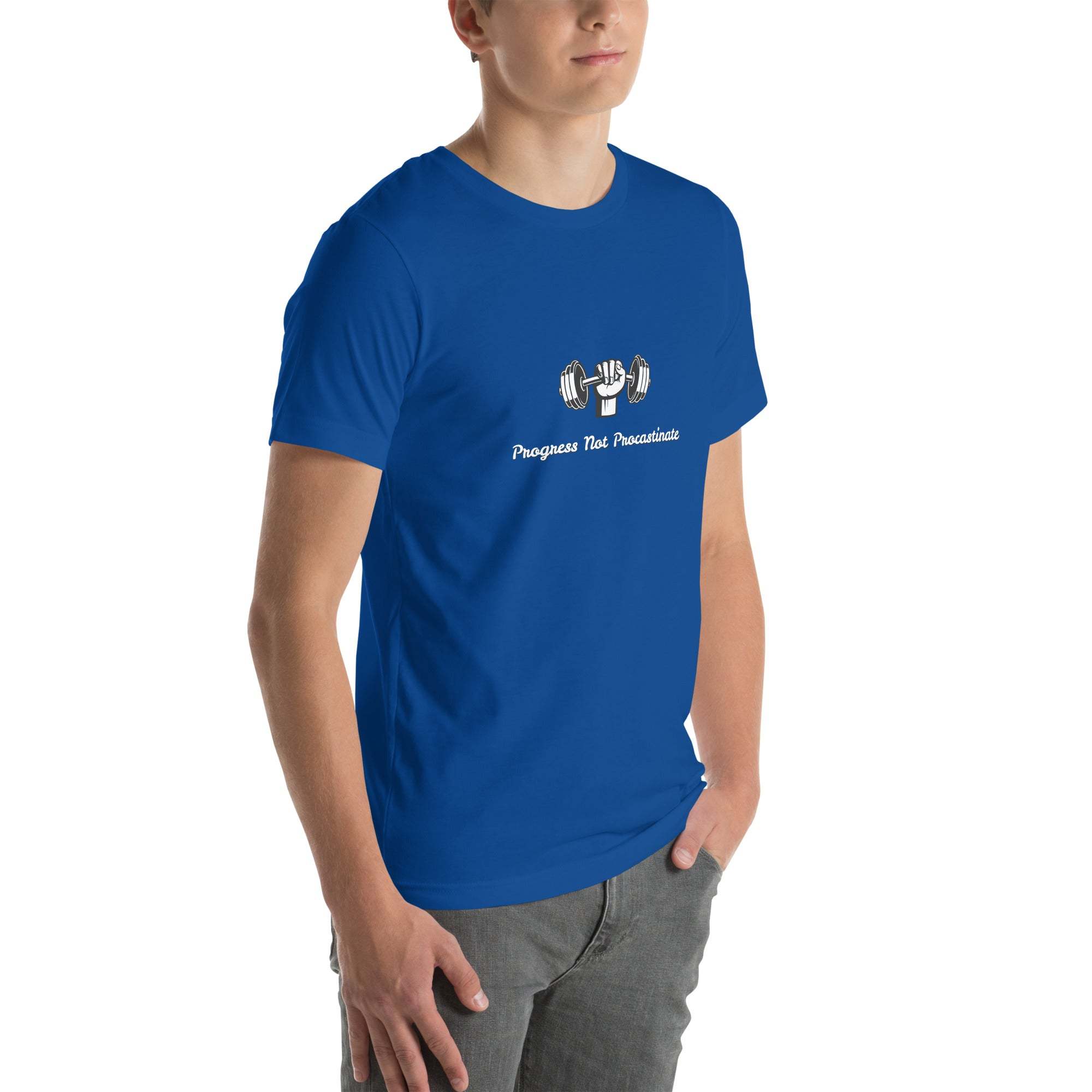 Blue Progress Not Procrastinate T-Shirt with barbell graphic, worn by male model, motivational gym tee for fitness and self-improvement