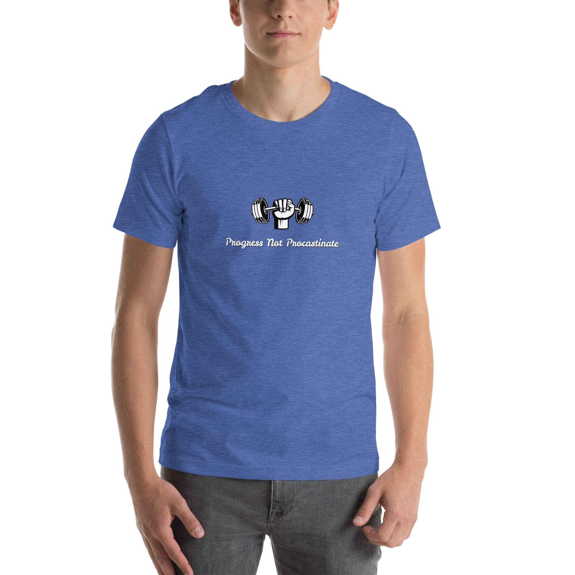 Blue unisex Progress Not Procrastinate T-Shirt with barbell graphic and motivational text, made from soft breathable cotton for workout and casual wear