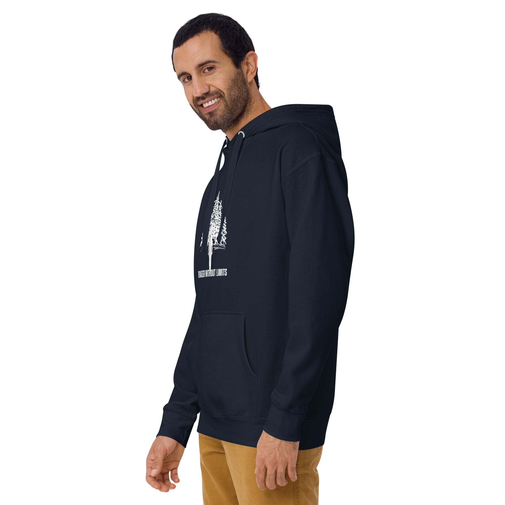 man wearing black Wander Without Limits Hoodie with wilderness graphic and kangaroo pocket
