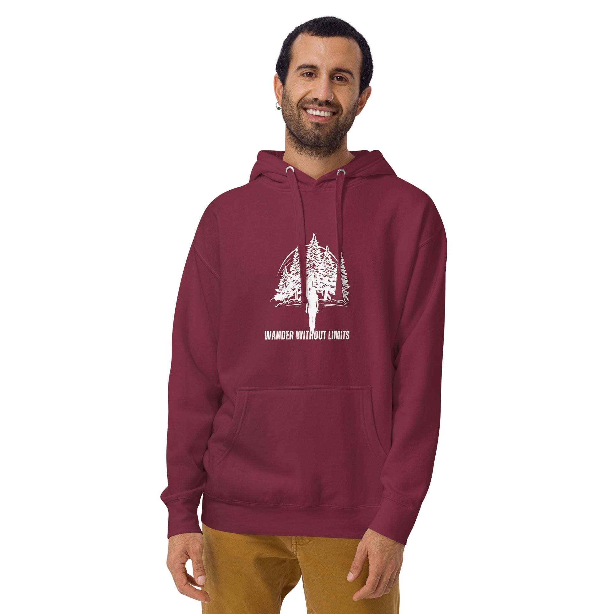 Man wearing maroon Wander Without Limits Hoodie with wilderness graphic and front pocket