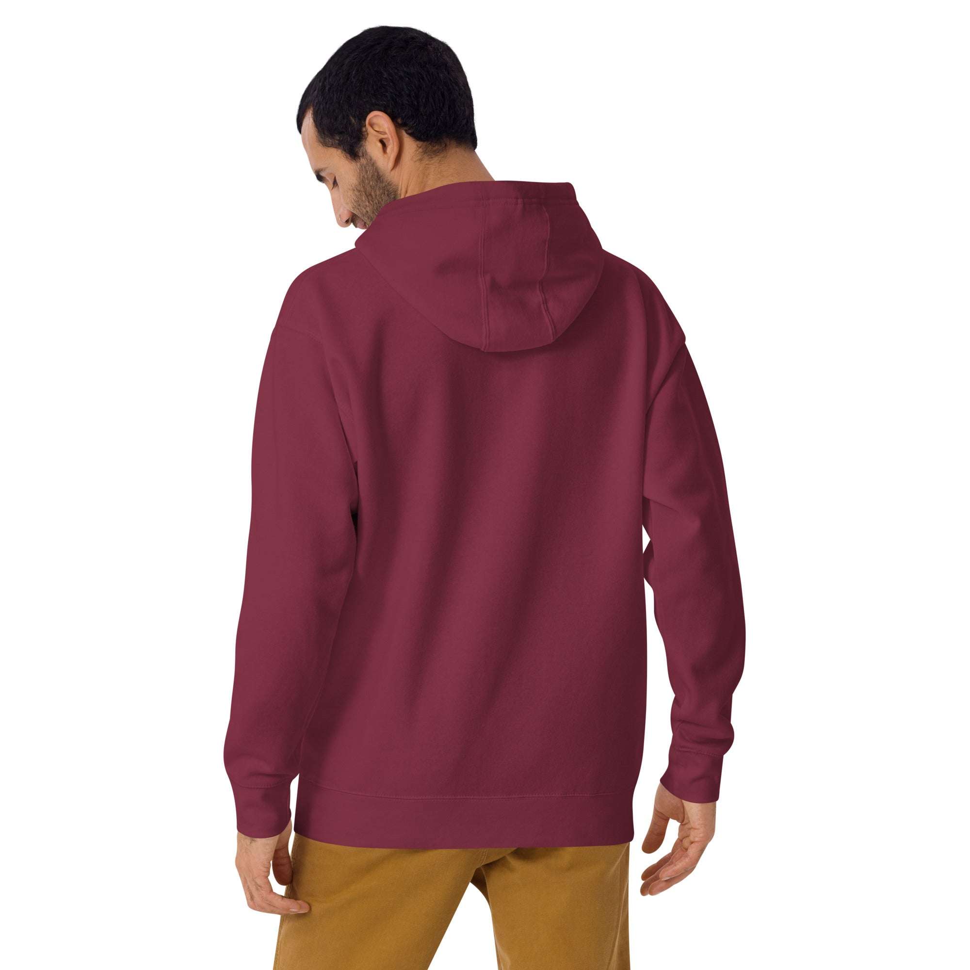 Man wearing maroon Wander Without Limits Hoodie shown from back, casual outdoor hoodie for hiking and travel