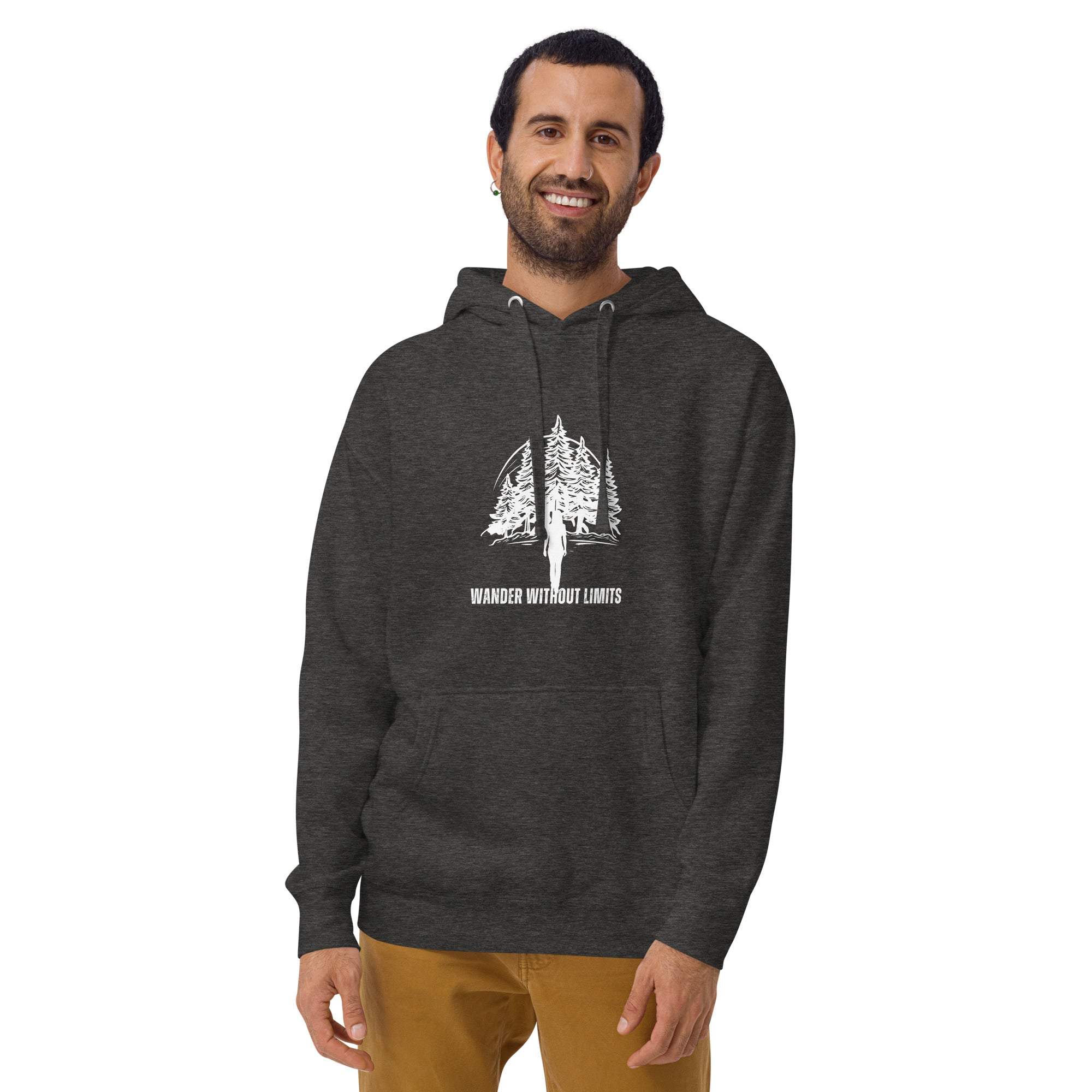 Man wearing a dark gray Wander Without Limits Hoodie with wilderness graphic and front pocket