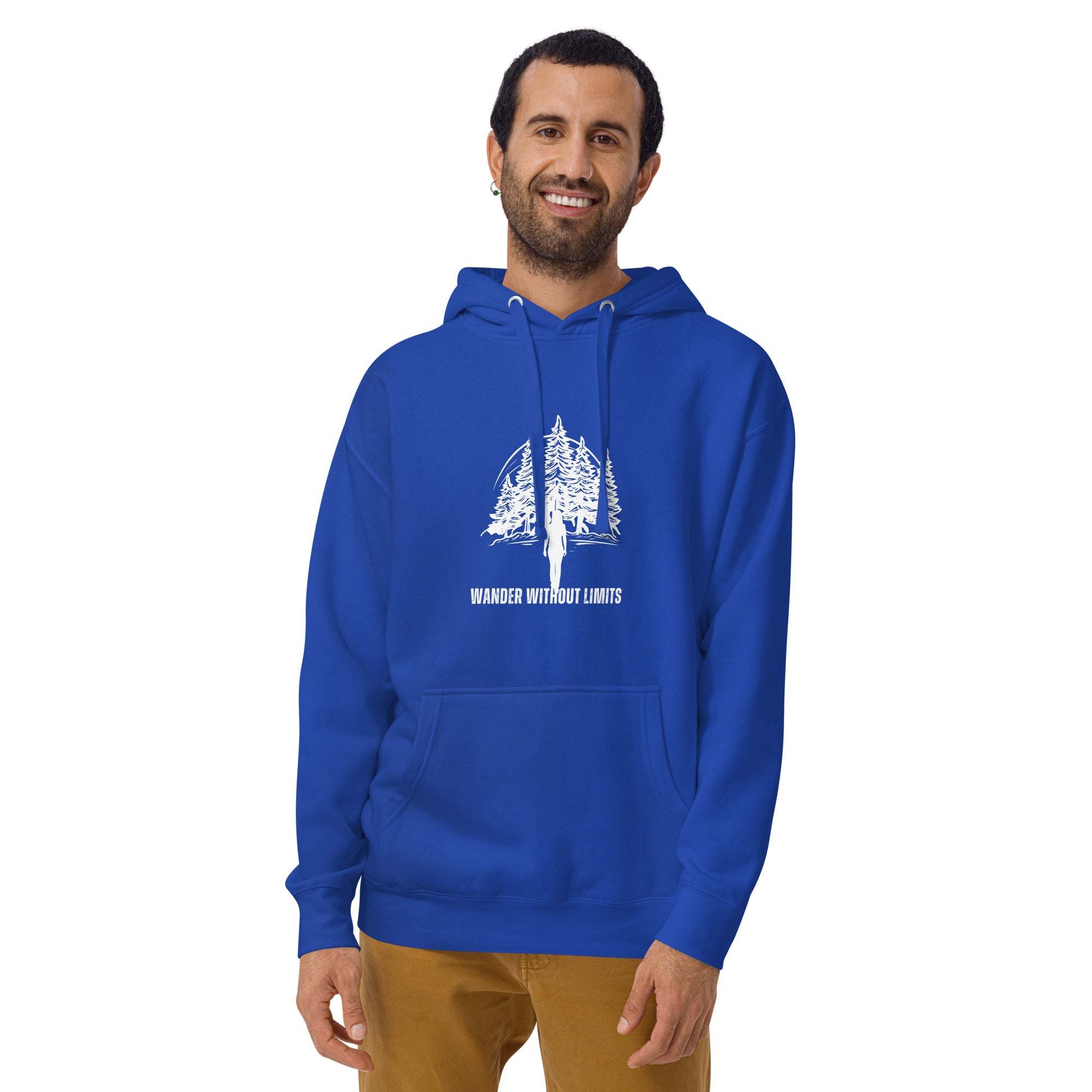 Man wearing blue Wander Without Limits Hoodie with white wilderness graphic and front pocket