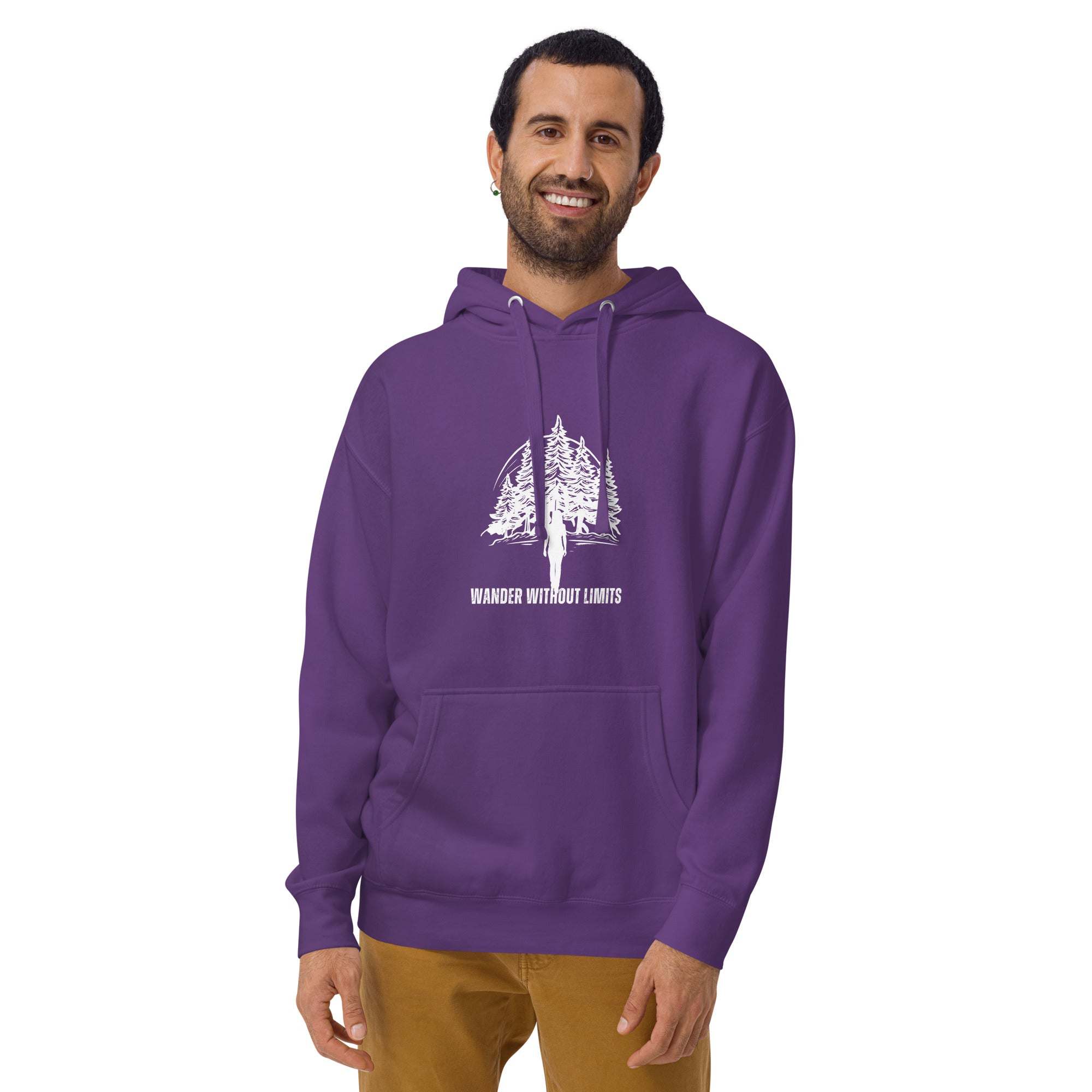 Man wearing purple Wander Without Limits Hoodie with wilderness graphic and kangaroo pocket