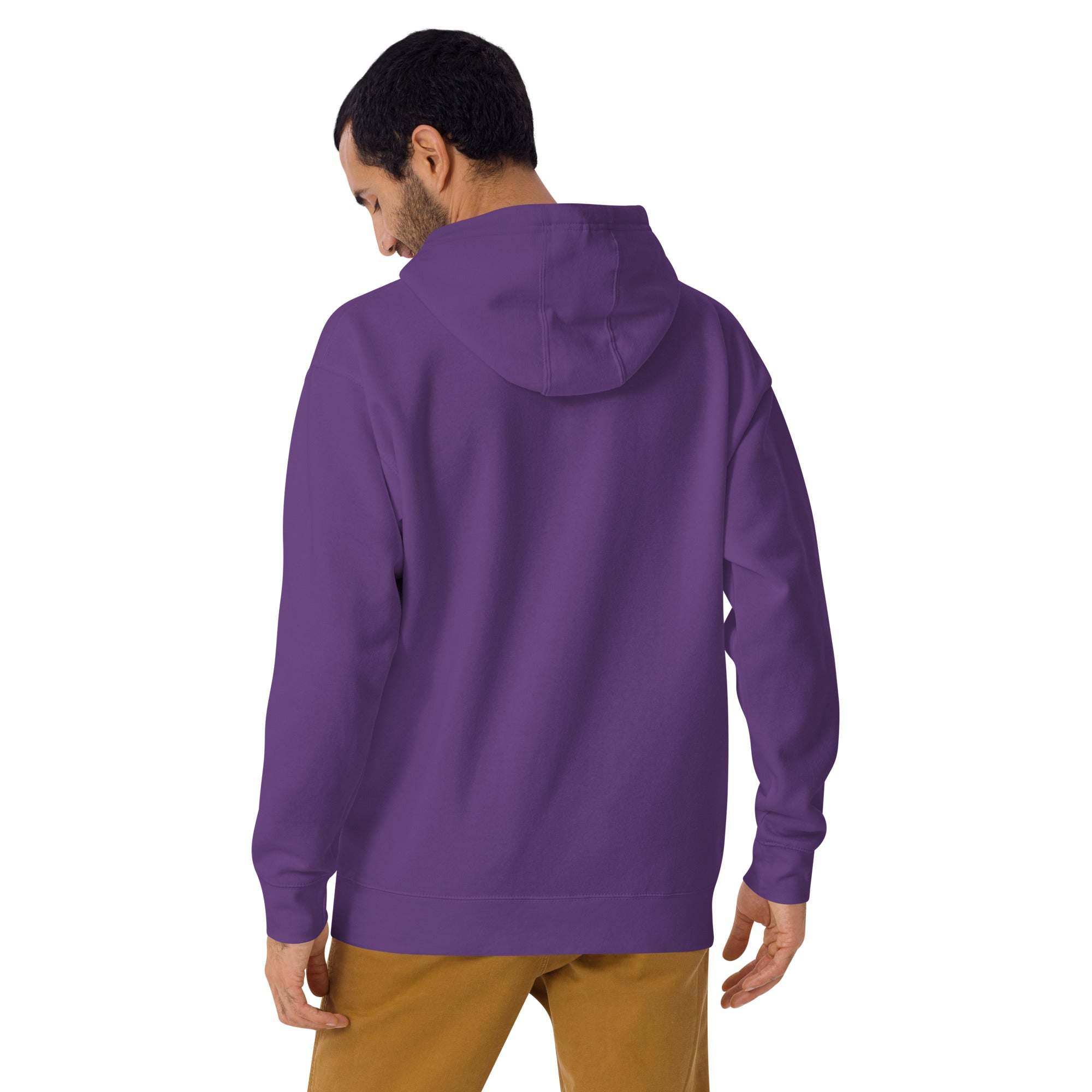 Man wearing purple Wander Without Limits Hoodie showing back view