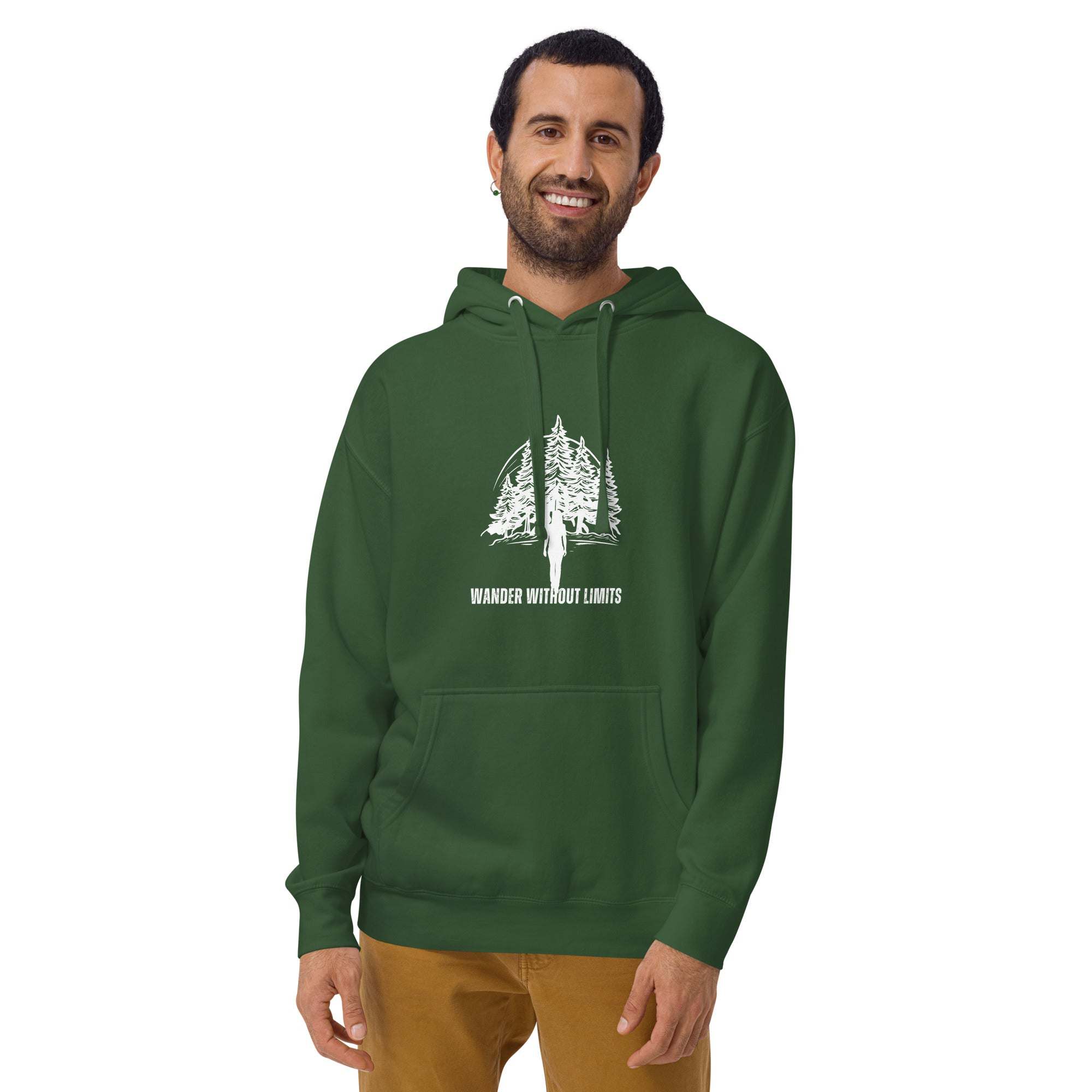 Man wearing green Wander Without Limits Hoodie with white wilderness graphic and front pocket