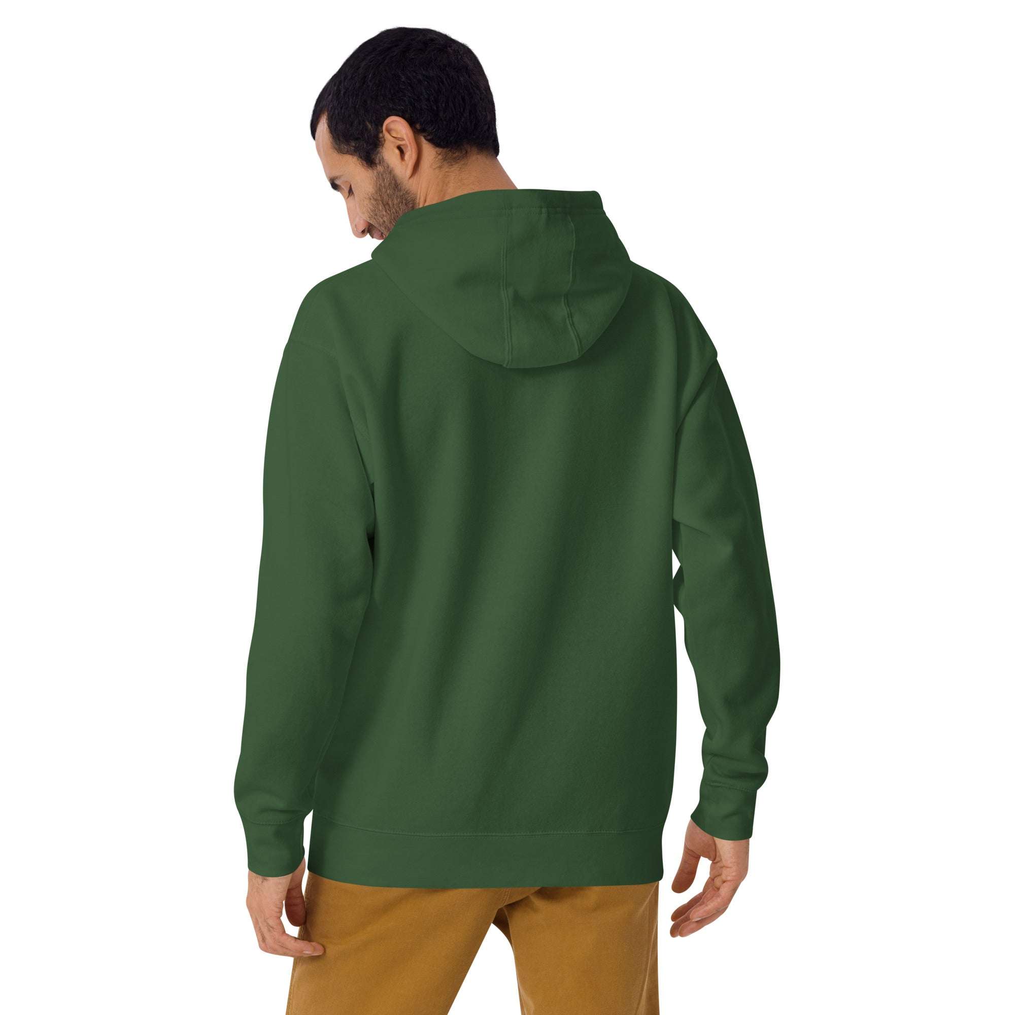 Man wearing green Wander Without Limits Hoodie from the back, showcasing hood and long sleeves.
