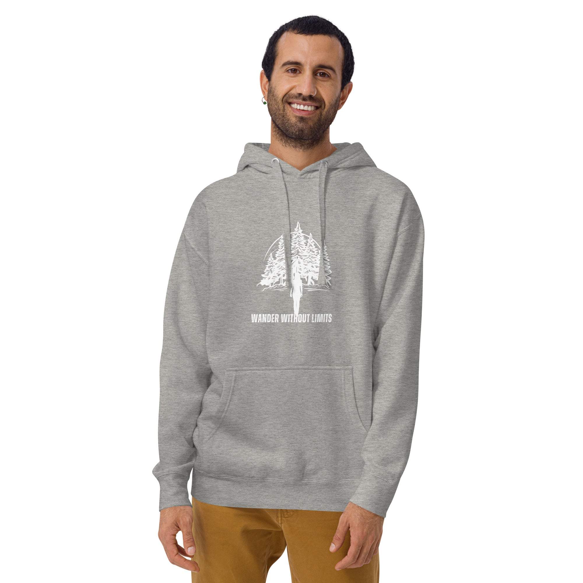 man wearing gray Wander Without Limits Hoodie with wilderness graphic and front pocket