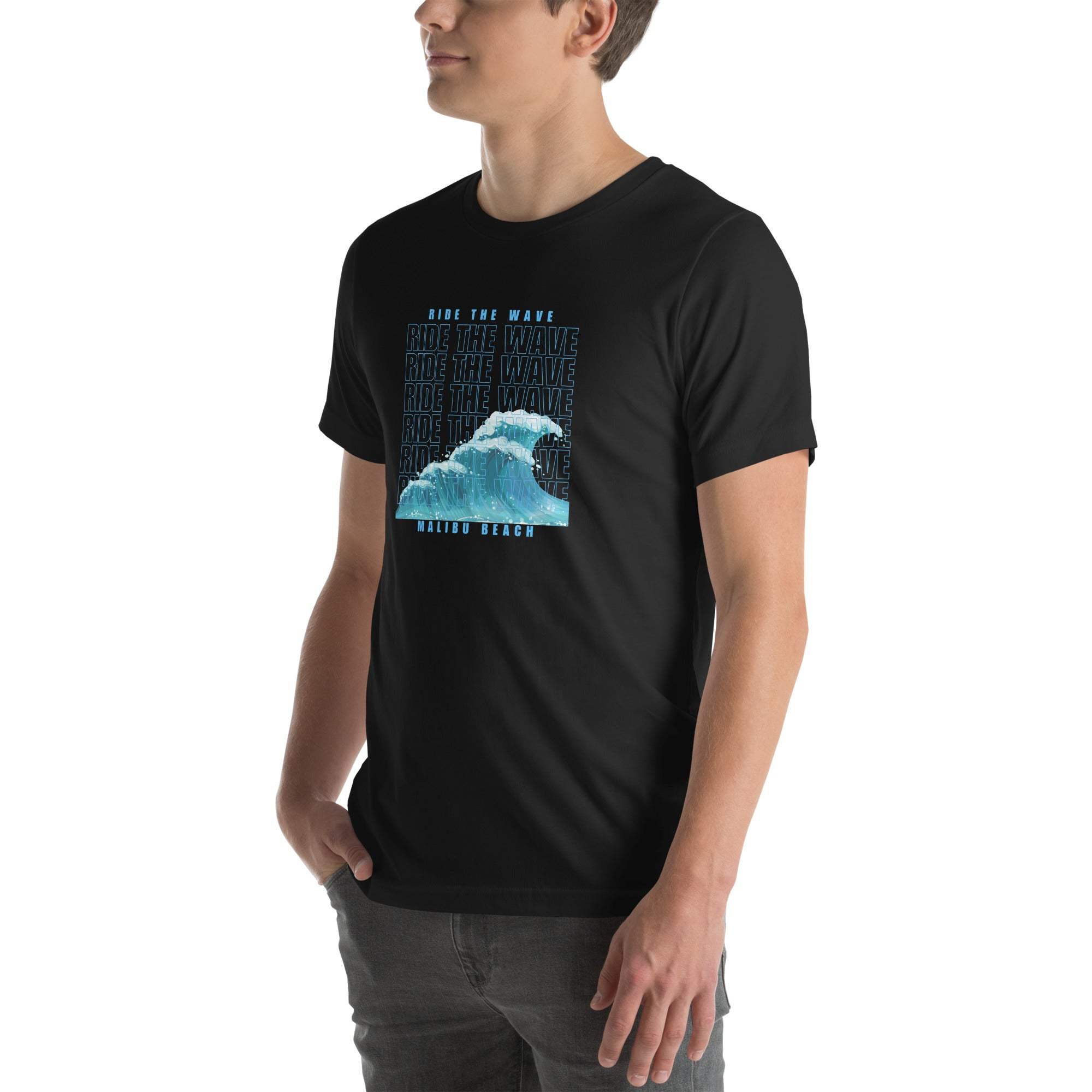 Black Ride the Wave T-Shirt with blue wave graphic and text, modeled by a man wearing casual jeans