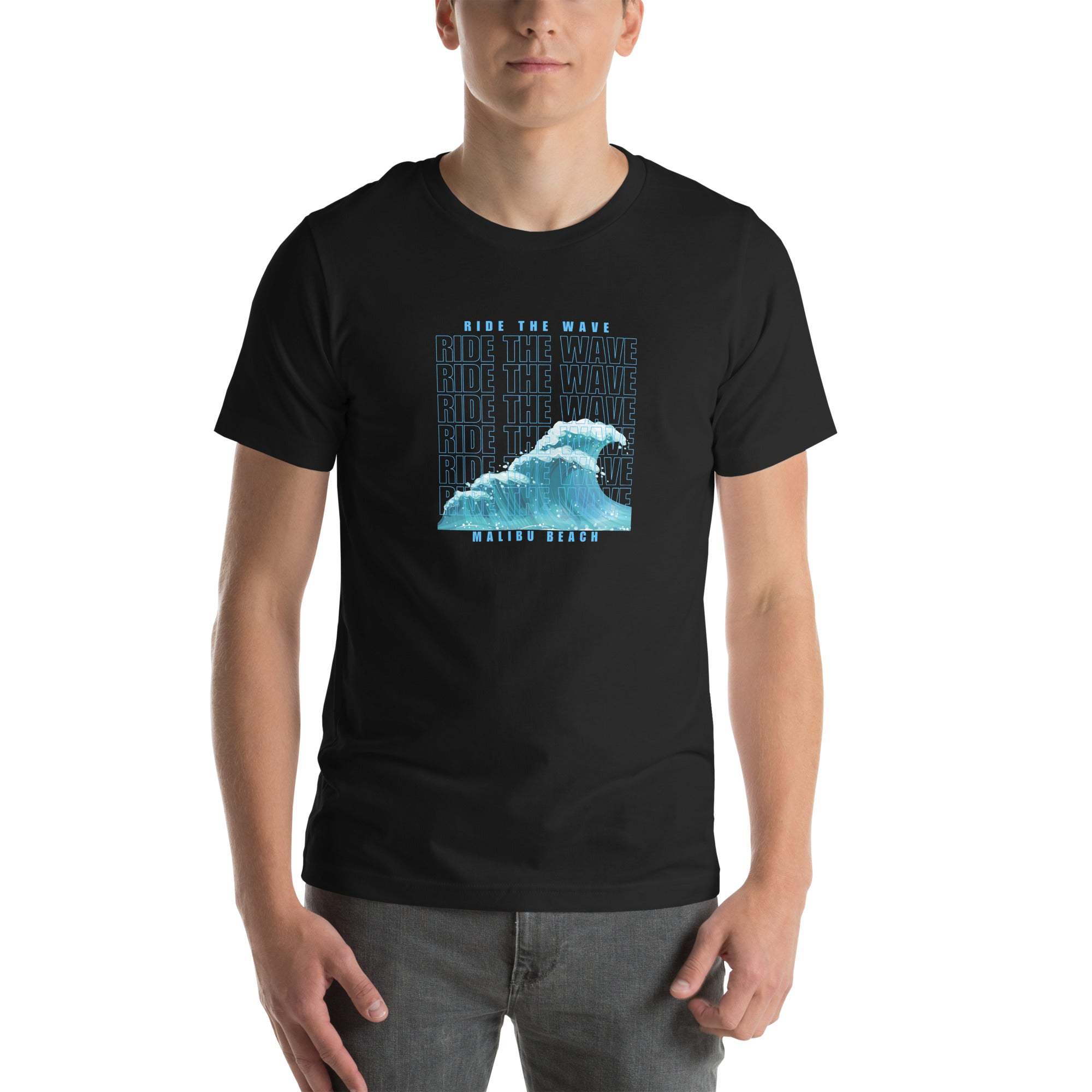 Black Ride the Wave T-Shirt with blue wave graphic and text, unisex cotton tee for surfers and ocean lovers