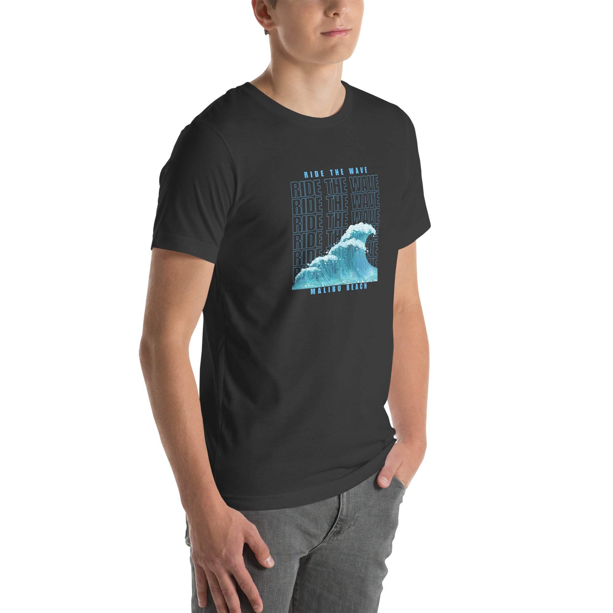 Unisex black Ride the Wave T-Shirt with retro wave design, breathable cotton, casual beachwear for surfers and ocean lovers