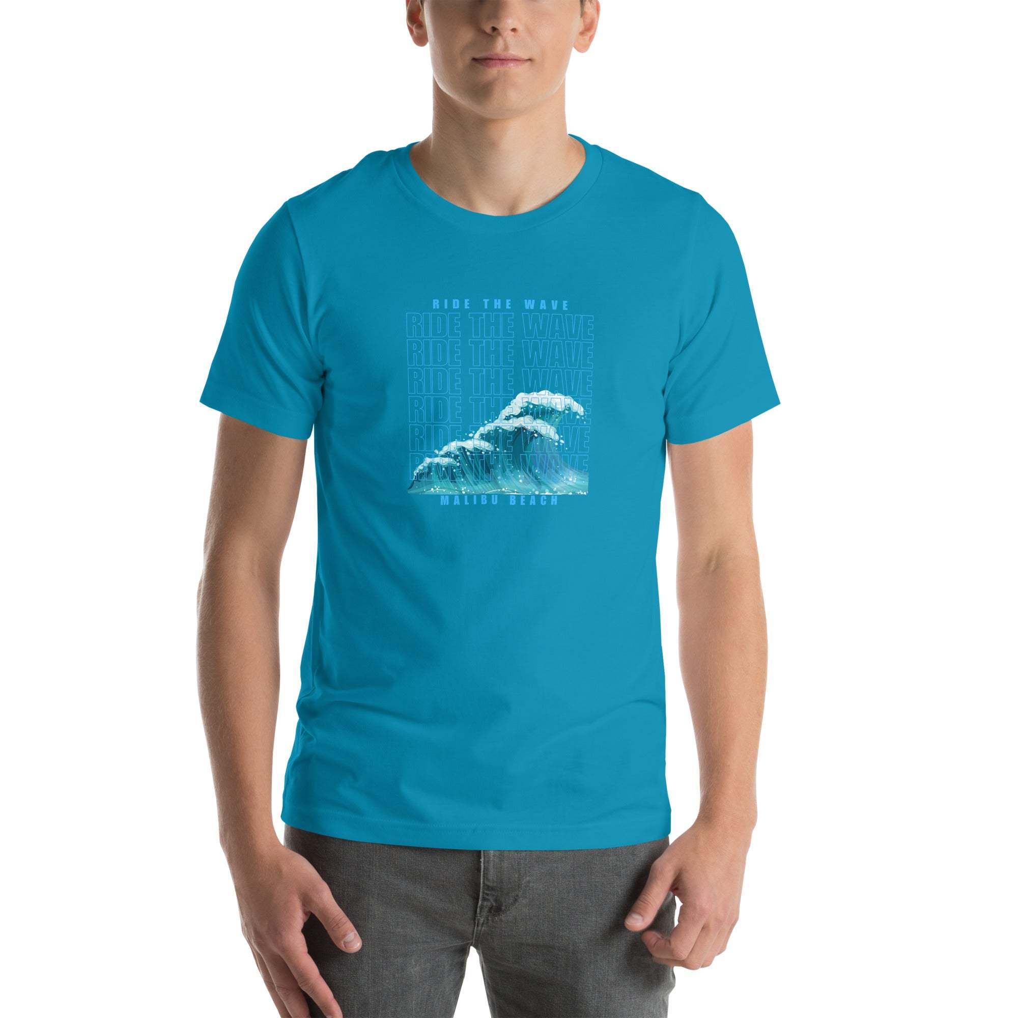 Unisex turquoise Ride the Wave T-Shirt with retro wave design, breathable cotton fabric, and casual coastal style